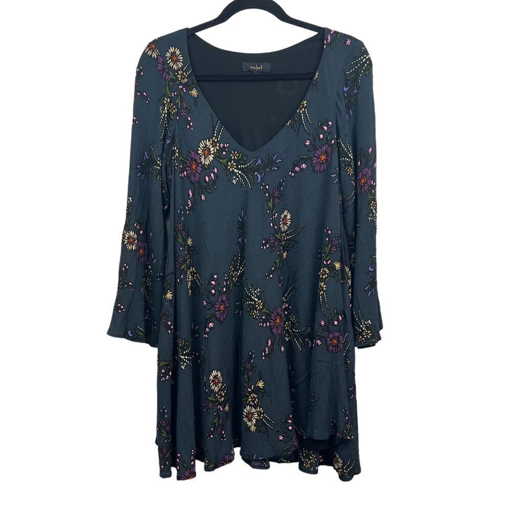 MABEL Tunic Shift Dress Floral Black V Neck Long Sleeve Lined Women Size M*